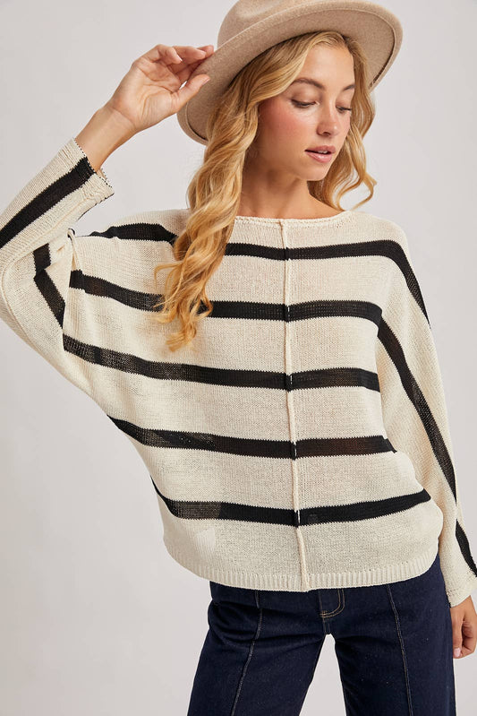 OVERSIZED IVORY/BLACK STRIPE KNIT PULLOVER
