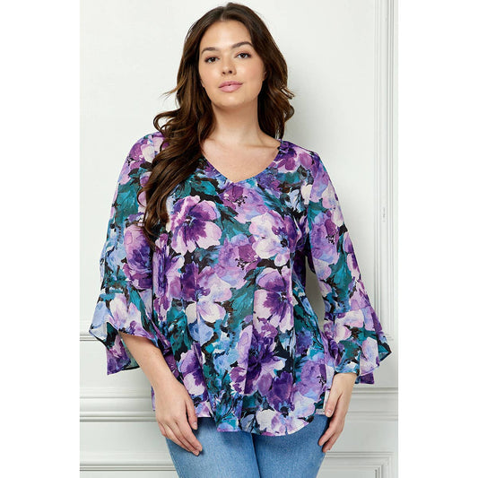 SIZE RUFFLE MISSY & PLUS V-NECK SWING BLOUSE: Navy/Purple/Teal