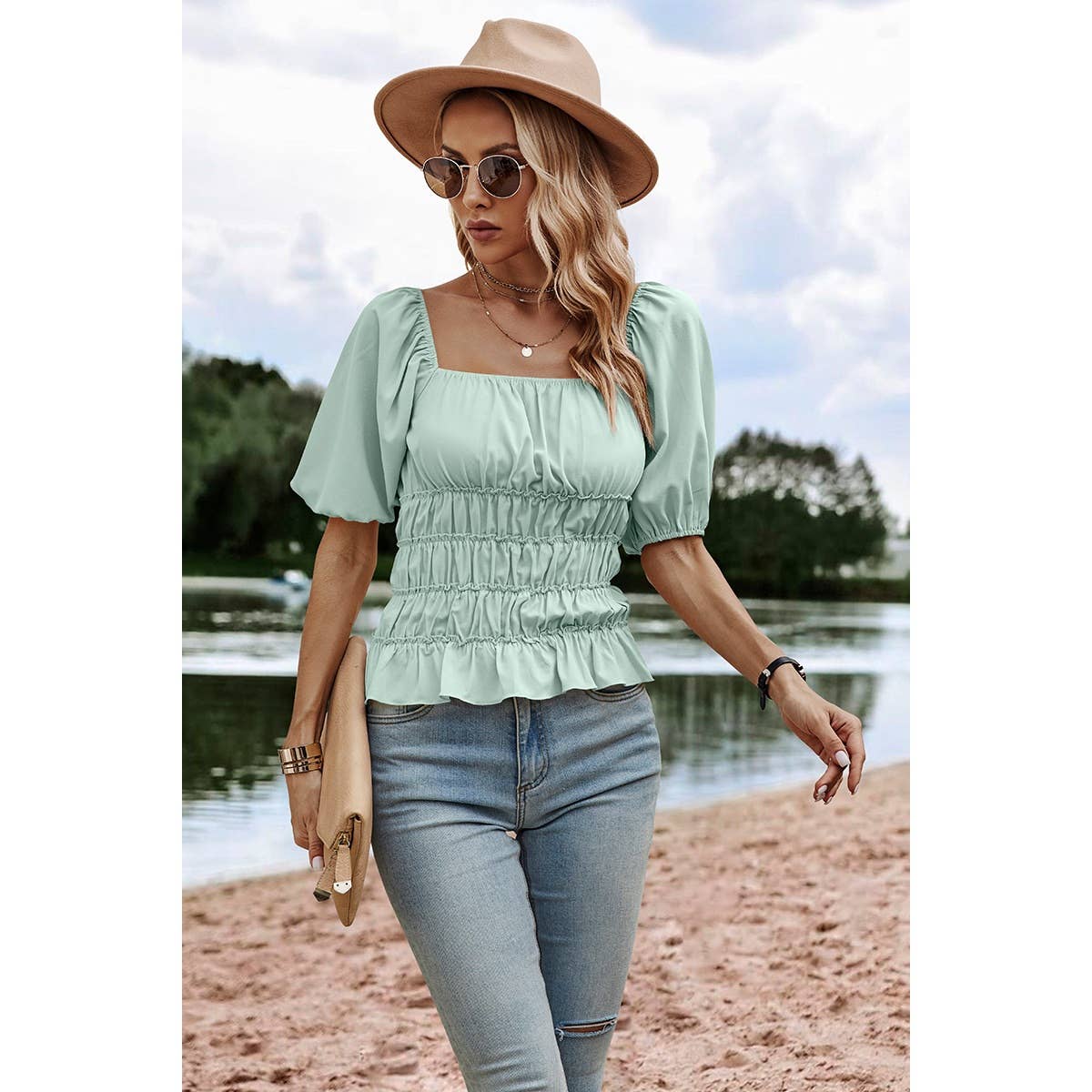 Solid Square Neck Shirred Flounce Sleeve Peplum Blouse: LIGHT GREEN