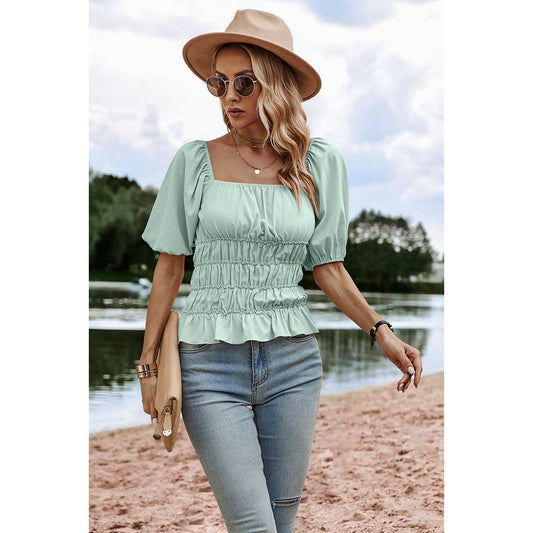 Solid Square Neck Shirred Flounce Sleeve Peplum Blouse: LIGHT GREEN