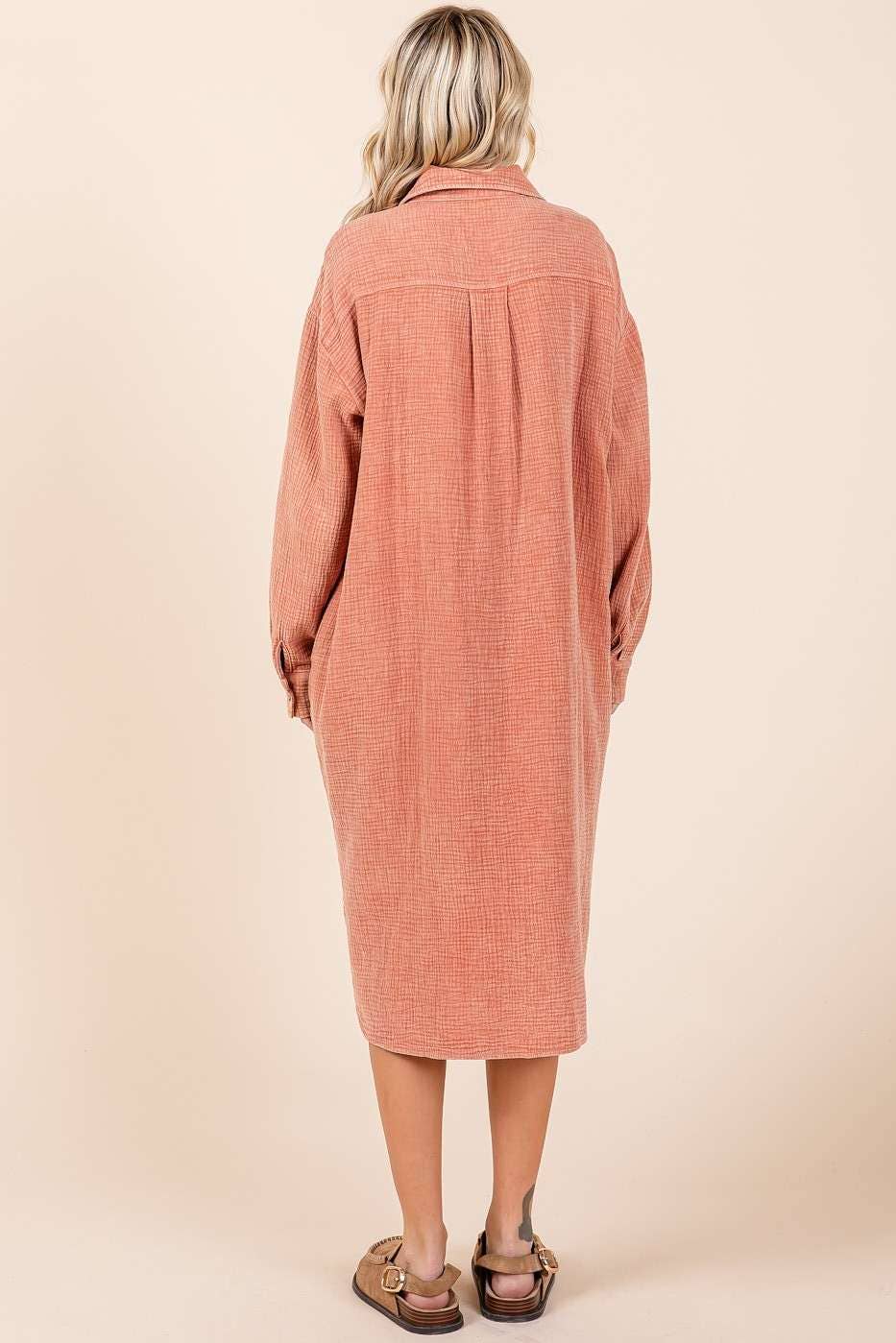 CHAI MINERAL WASH COTTON GAUZE MIDI SHIRT DRESS