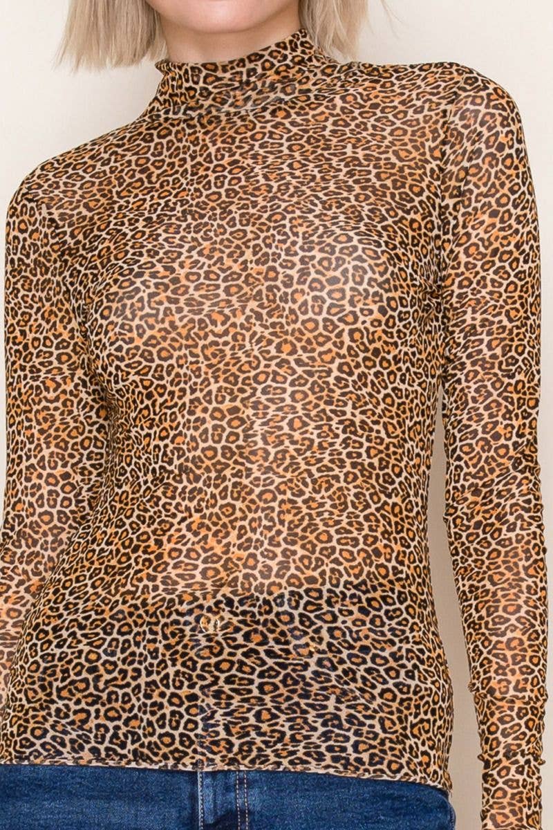 MISSY & PLUS LEOPARD MESH LONG SLEEVE MOCK