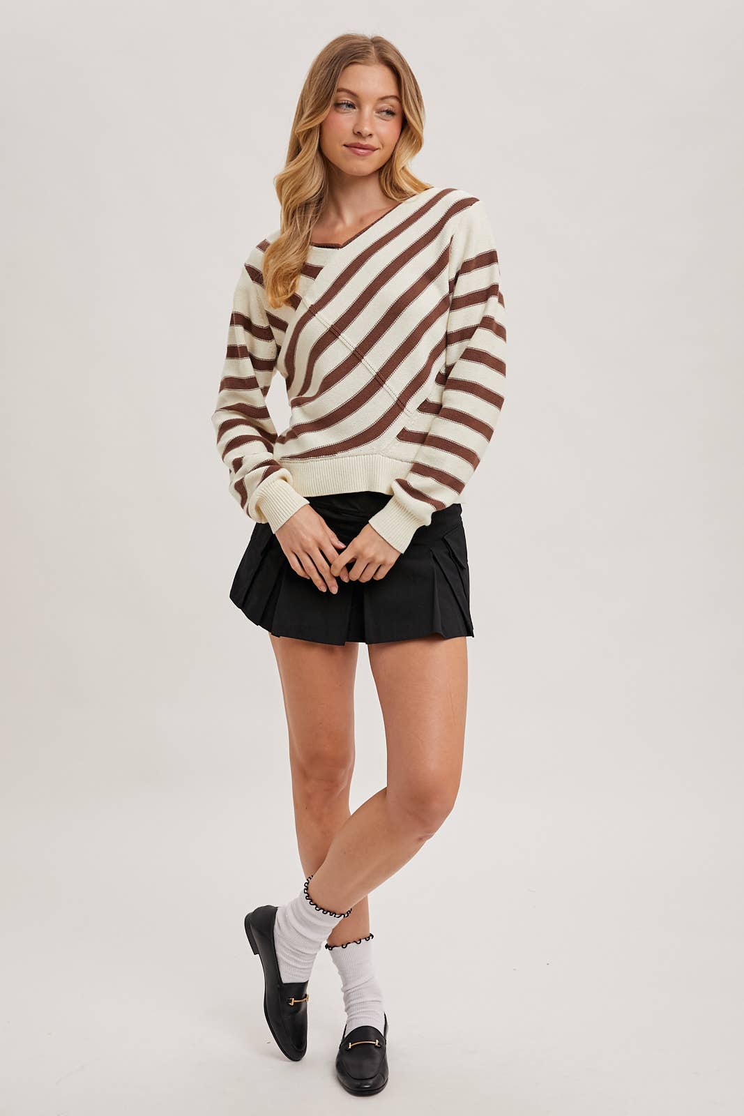 MOCHA STRIPED V NECK WRAP SWEATER