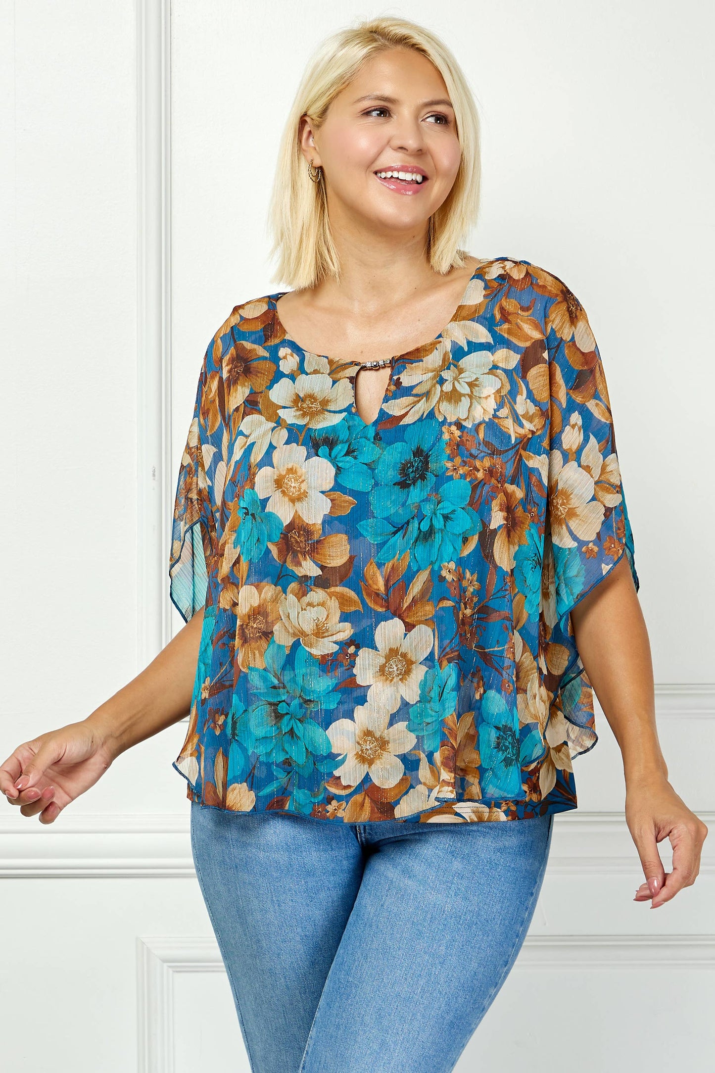 PLUS TEAL PRINTED  PONCHO BLOUSE
