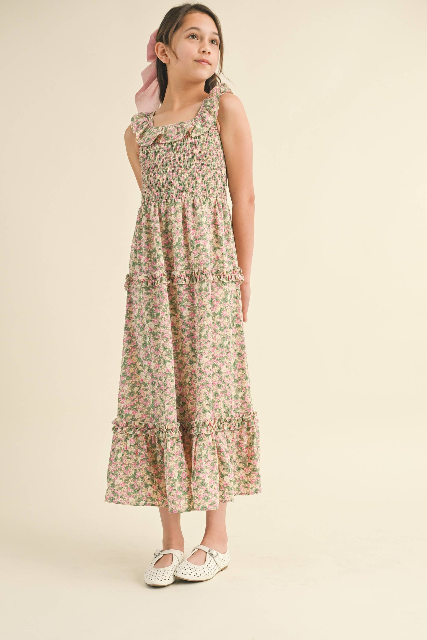 TWEEN FLORAL RUFFLE SMOCKED MAXI DRESS