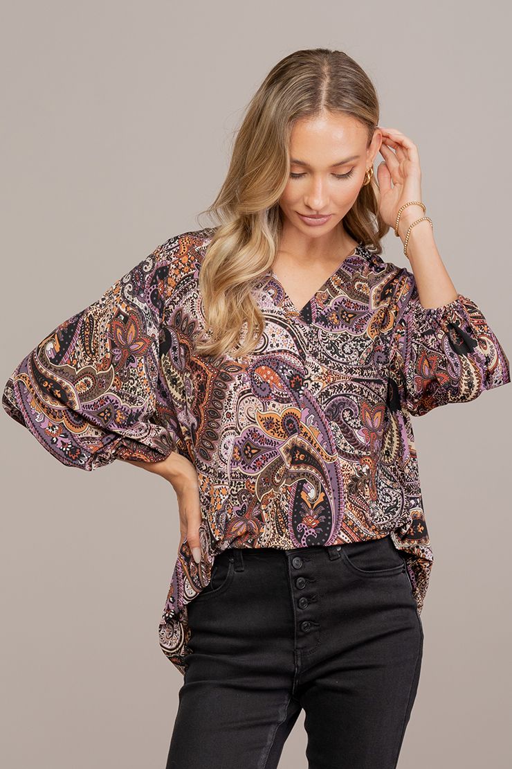 PAISLEY V-NECK TOP PURPLE