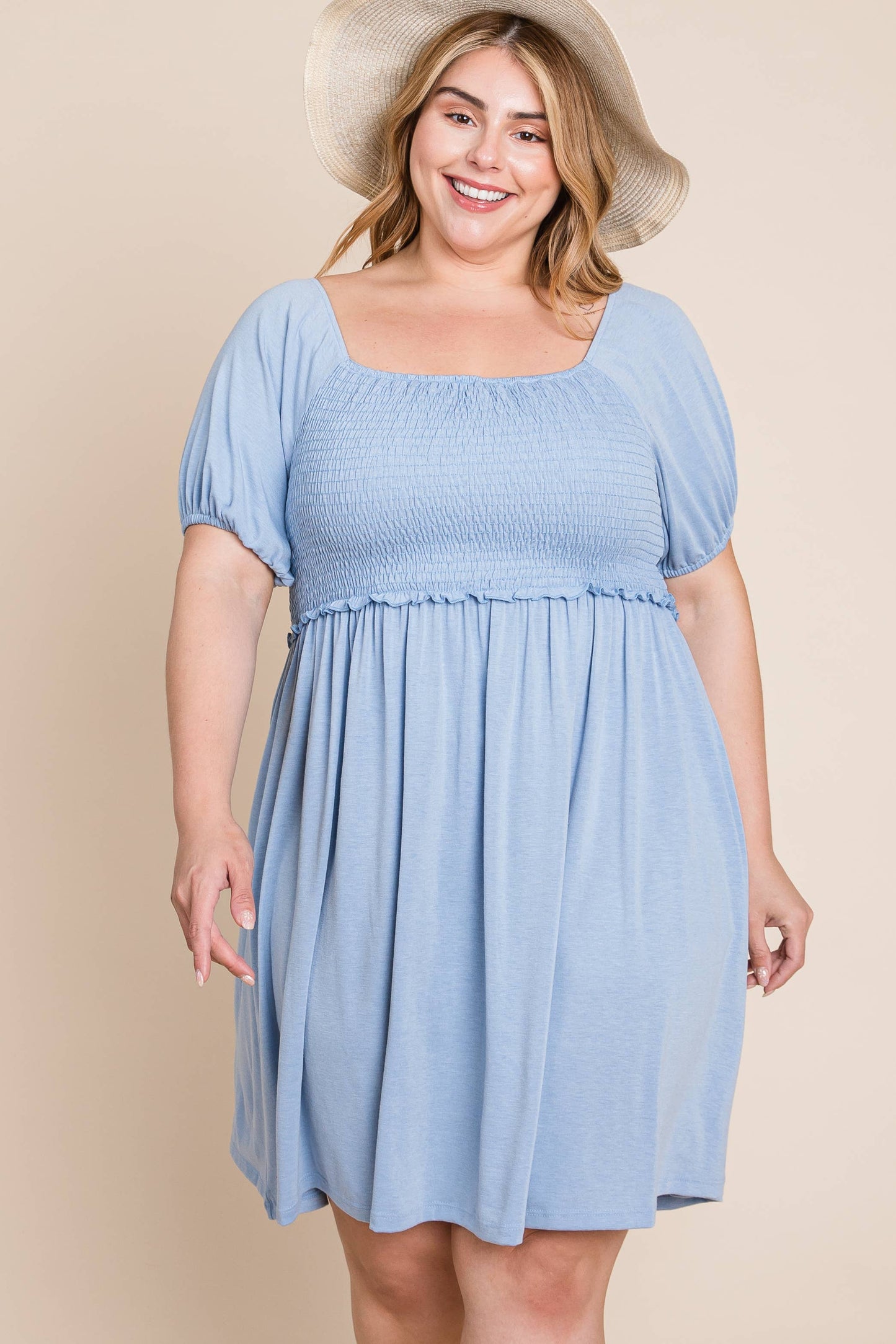 Plus Blue Smocked Babydoll Dress