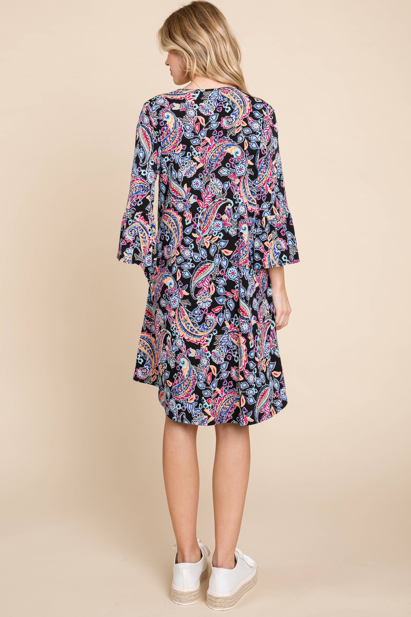 NAVY PAISLEY BELL SLEEVE DRESS