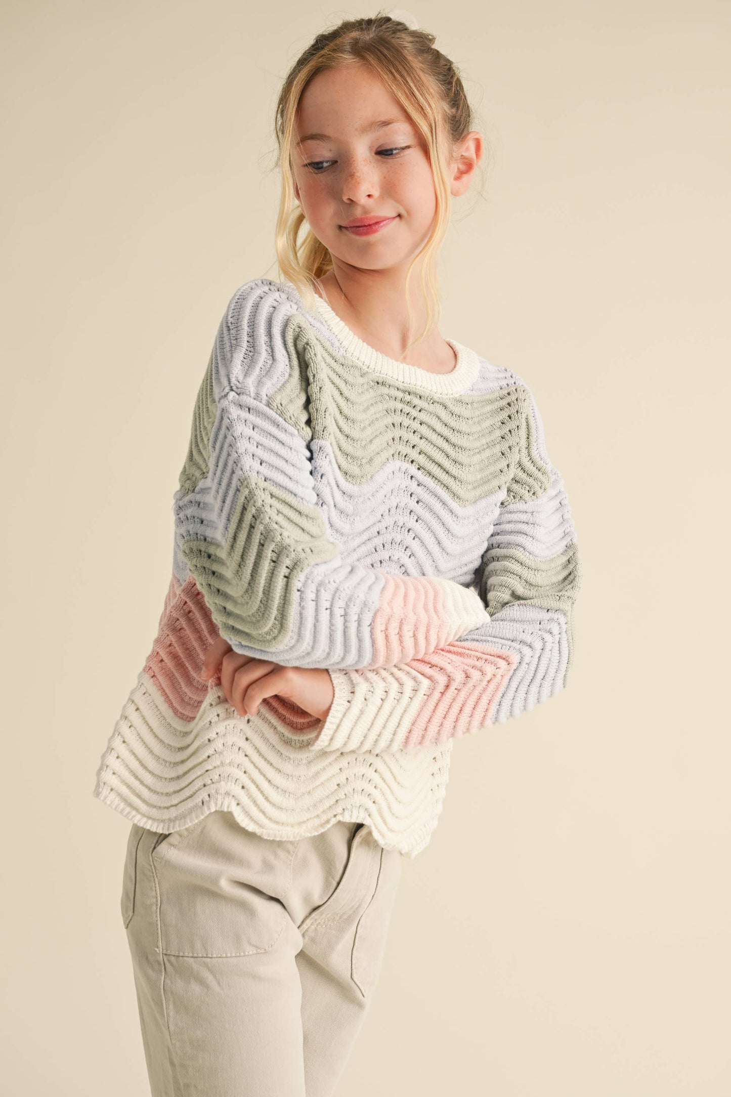 TWEEN WAVY RIB KNIT 100% COTTON SWEATER