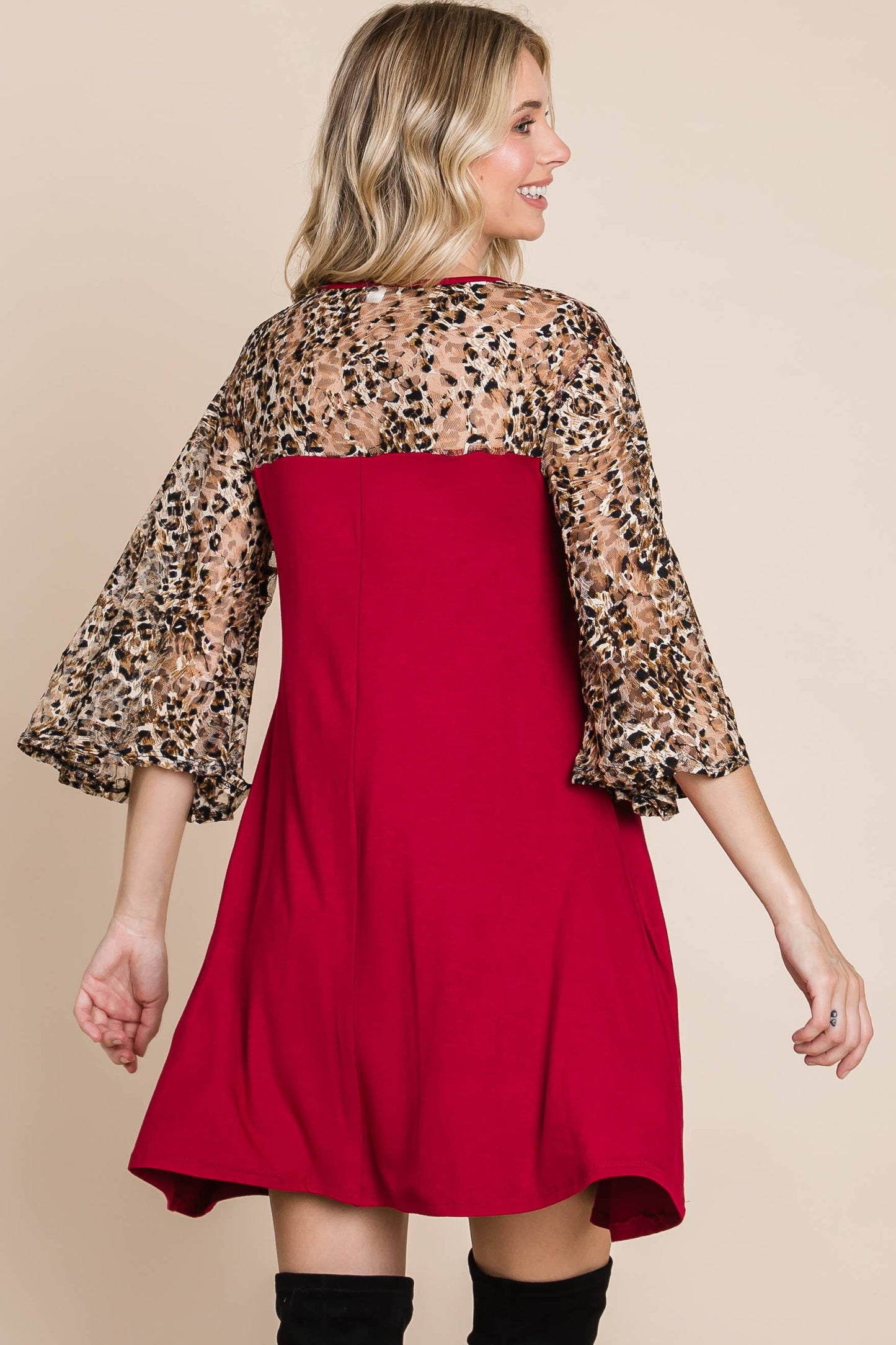 WINE A LINE DRESS WITH LEOPARD MESH SLEEVE