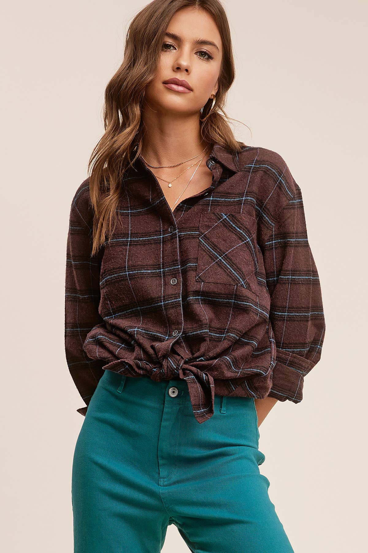 LOOSE FIT CHOCOLATE PLAID BUTTON UP