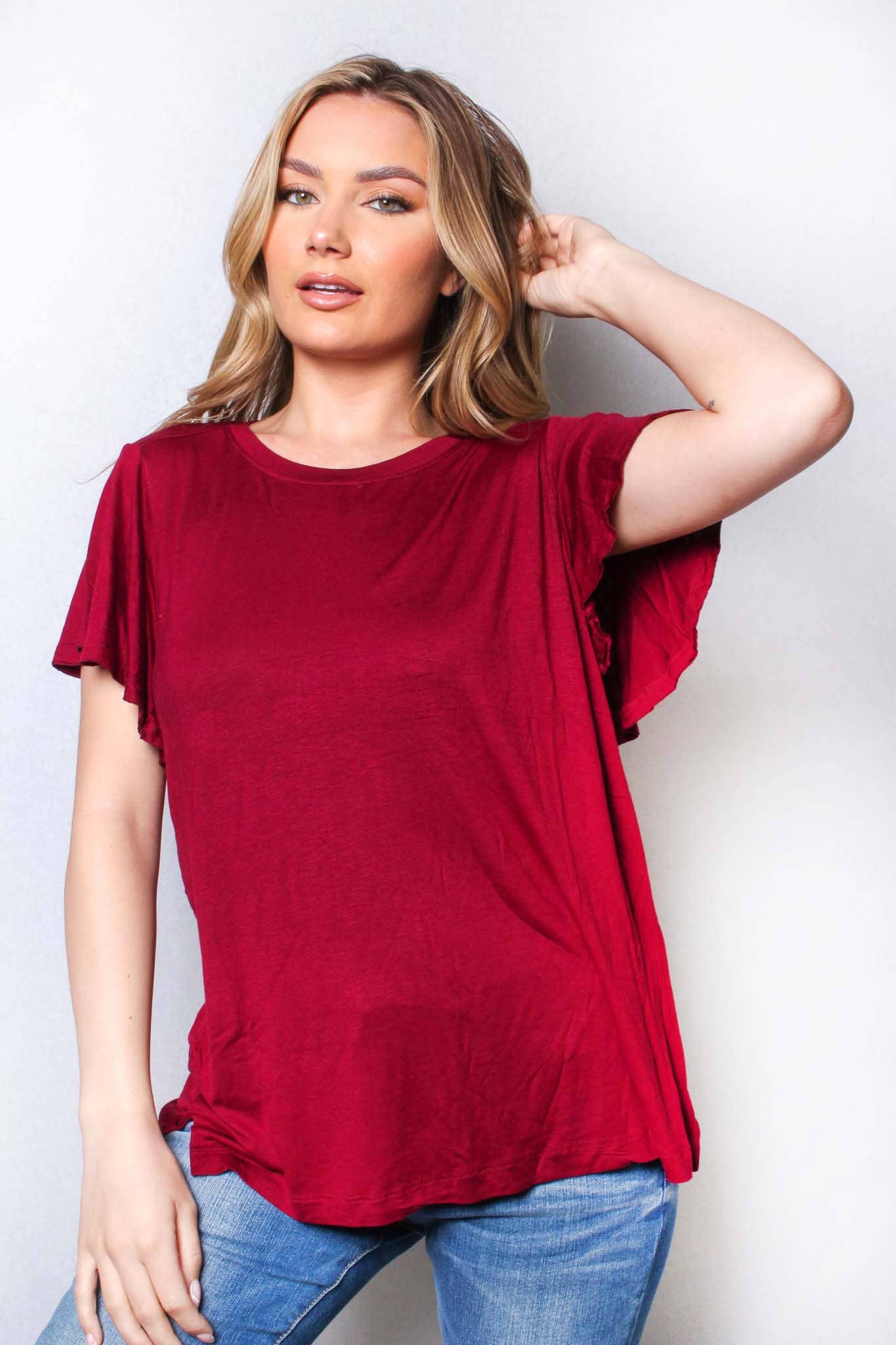 BURGANDY RUFFLE SLEEVE