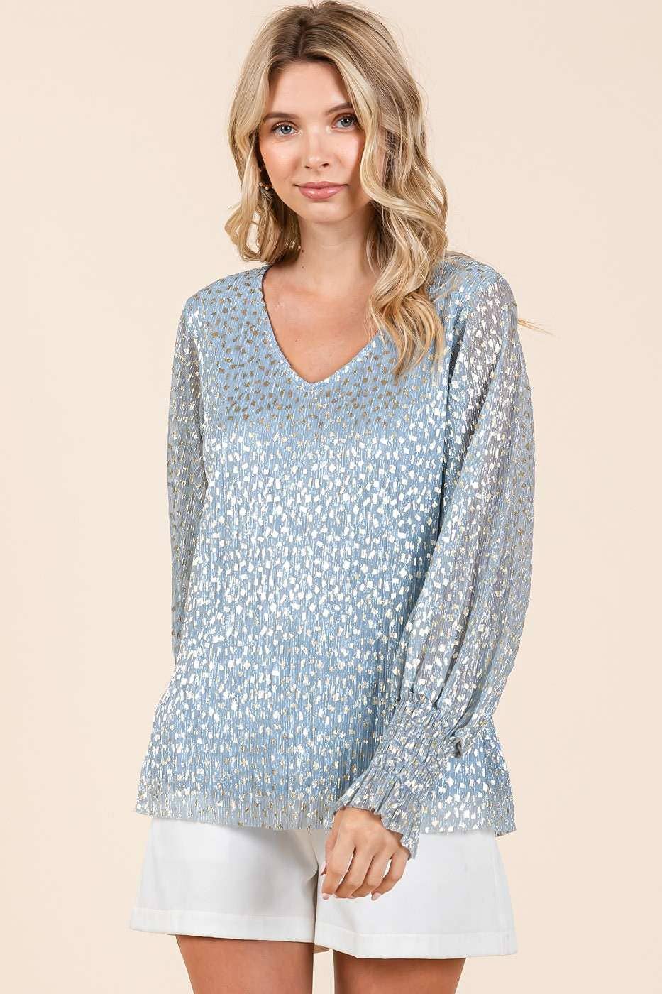 BLUE METALLIC GLITTER DOT PRINT PLEATED LONG SLEEVE TOP