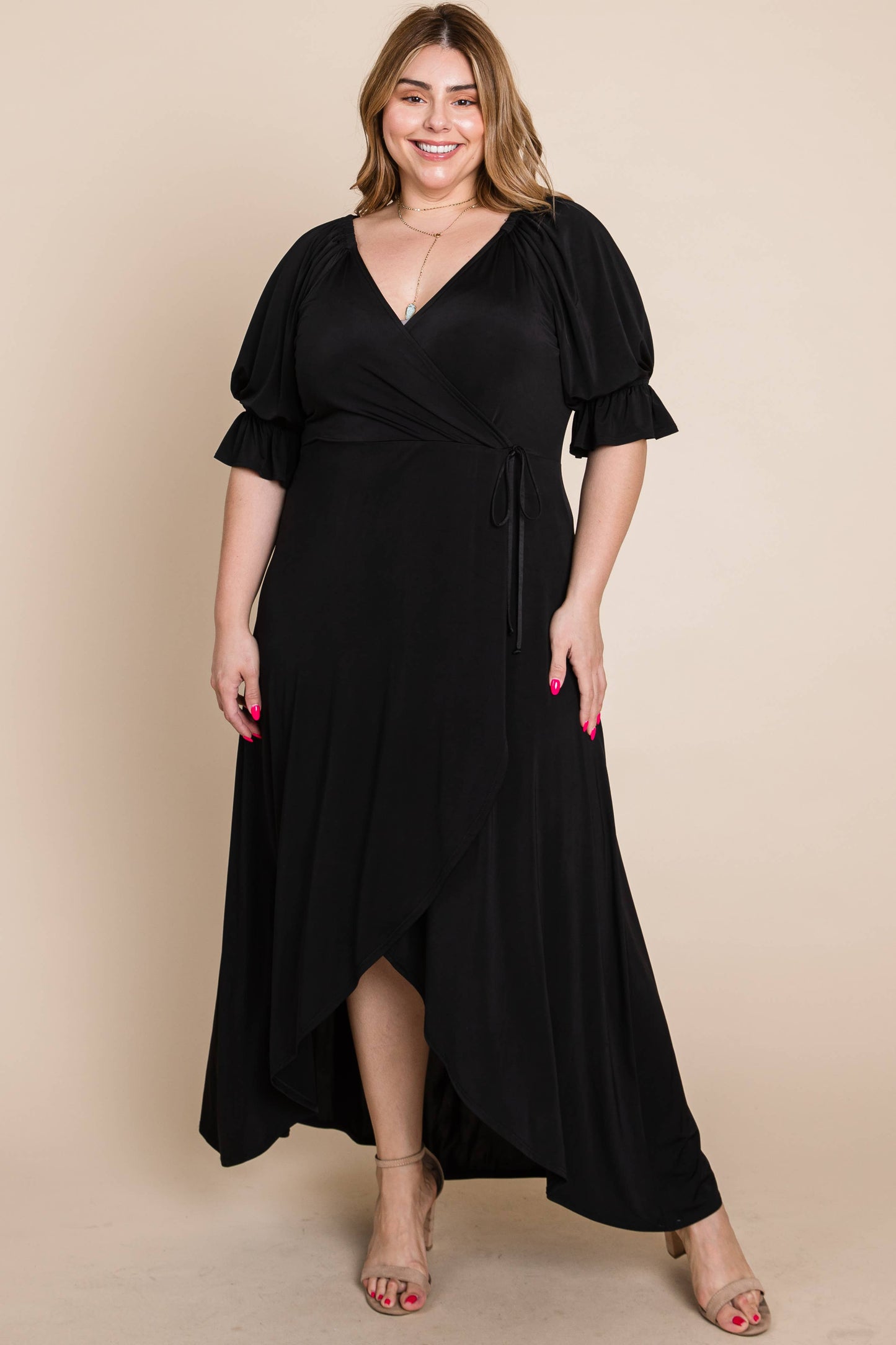 Plus  Solid Venezia Faux Wrap Dress Black