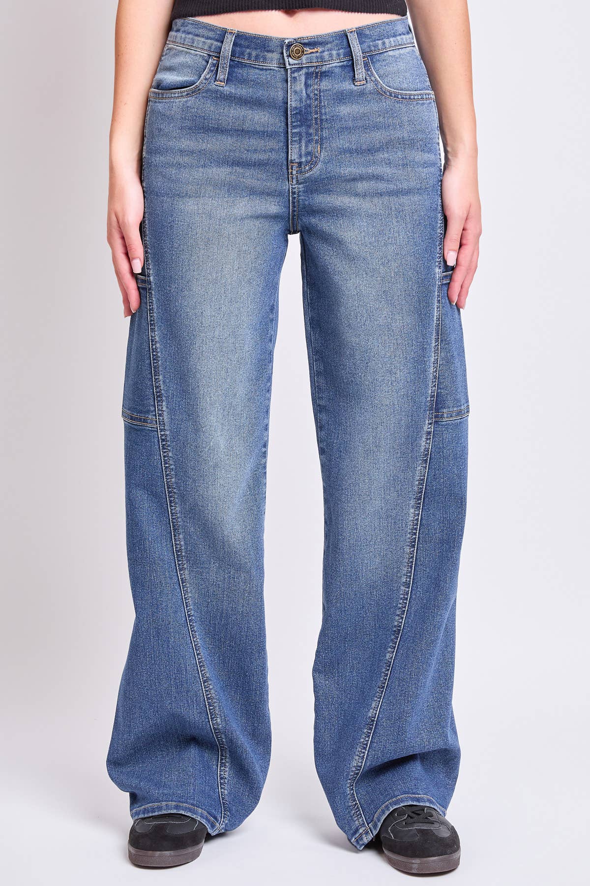Junior High Rise Seam Front Cargo Wide Leg: Medium Wash