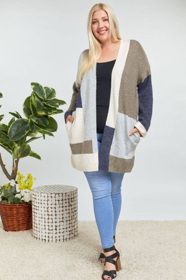 PLUS OLIVE COLORBLOCK ACCENT LONGLINE SWEATER CARDIGAN