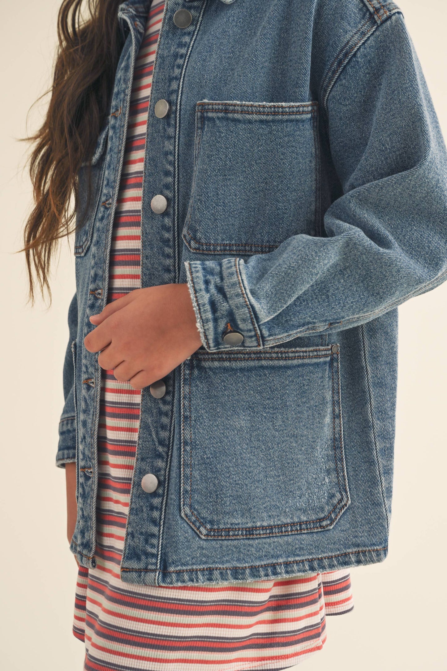 GIRLS DENIM JEANS CARGO BUTTON UP JACKET