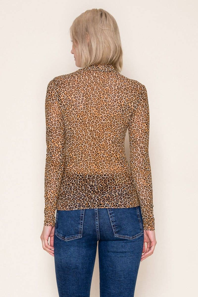 MISSY & PLUS LEOPARD MESH LONG SLEEVE MOCK