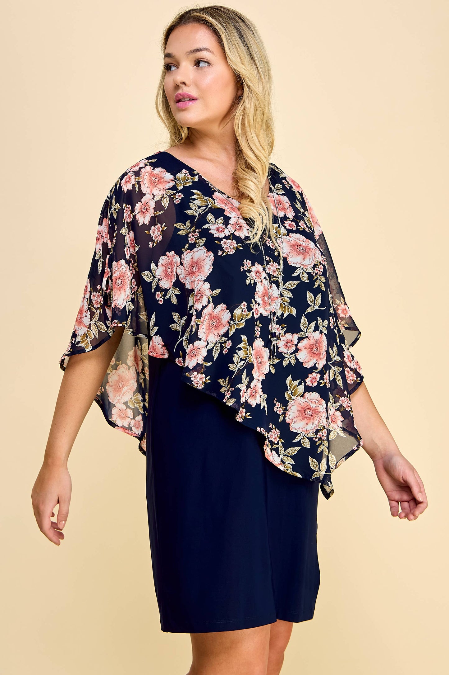 PLUS NAVY/FLORAL ASYMMETRICAL COLD SHOULDER PONCHO DRESS