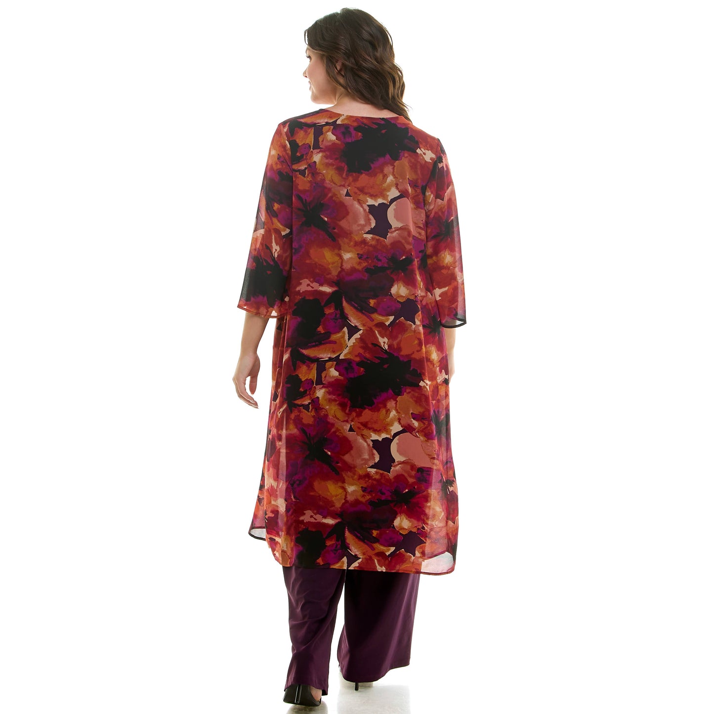 PLUS AND REGULAR SIZE 3PC CARDIGAN TANK, PANT NECKLACE SET: Eggplant/Plum/Rust
