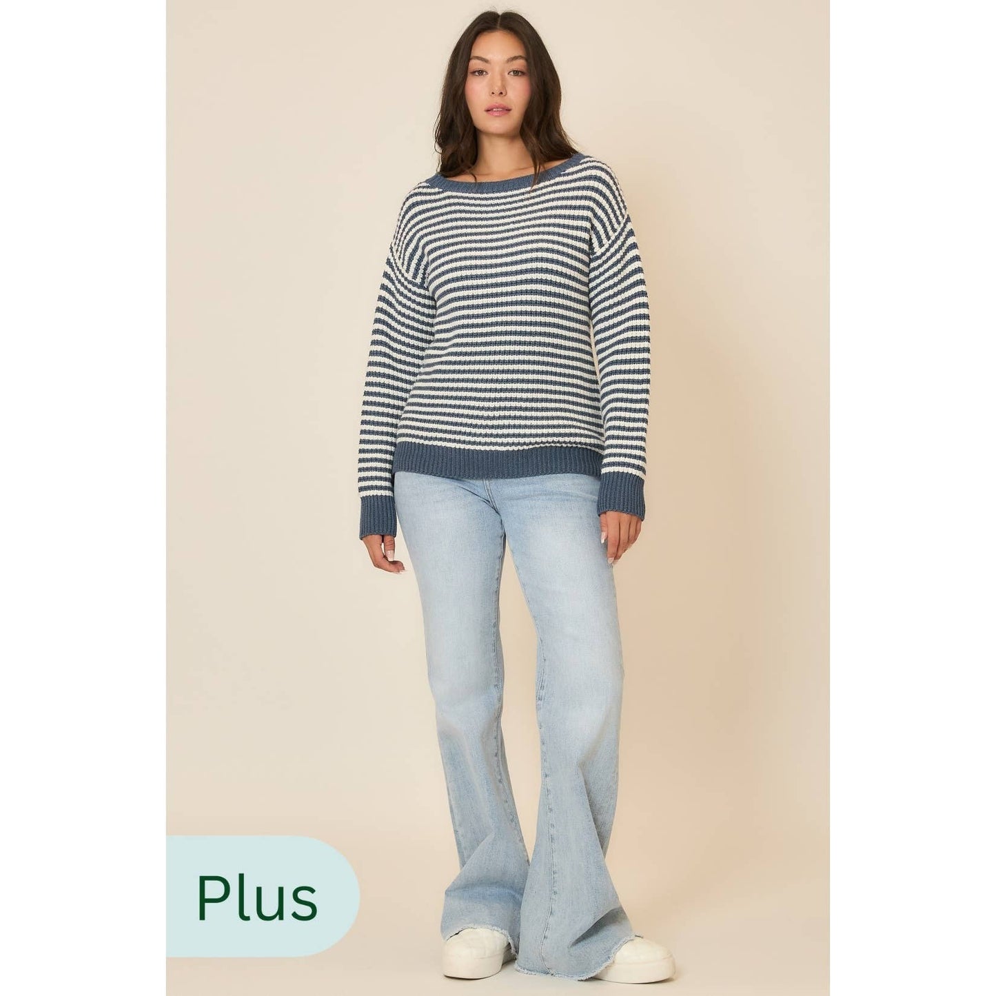 PLUS 2X/3X DENIM/IVORY STRIPED KNIT SWEATER