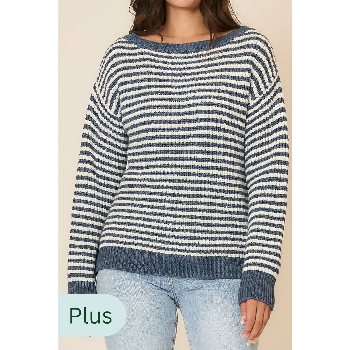 PLUS 2X/3X DENIM/IVORY STRIPED KNIT SWEATER