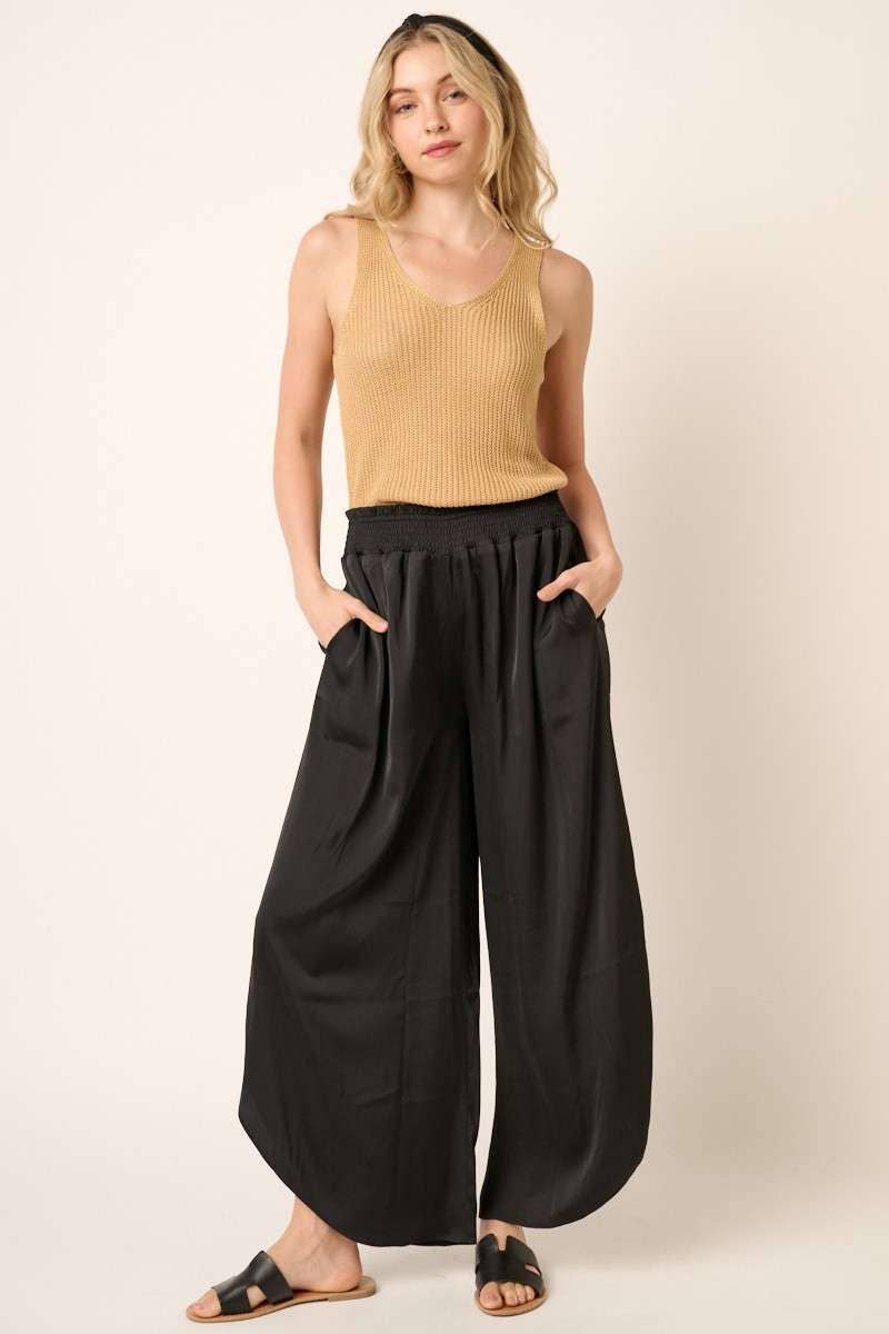 BLACK SATIN SMOCKED WAIST WIDE LEG