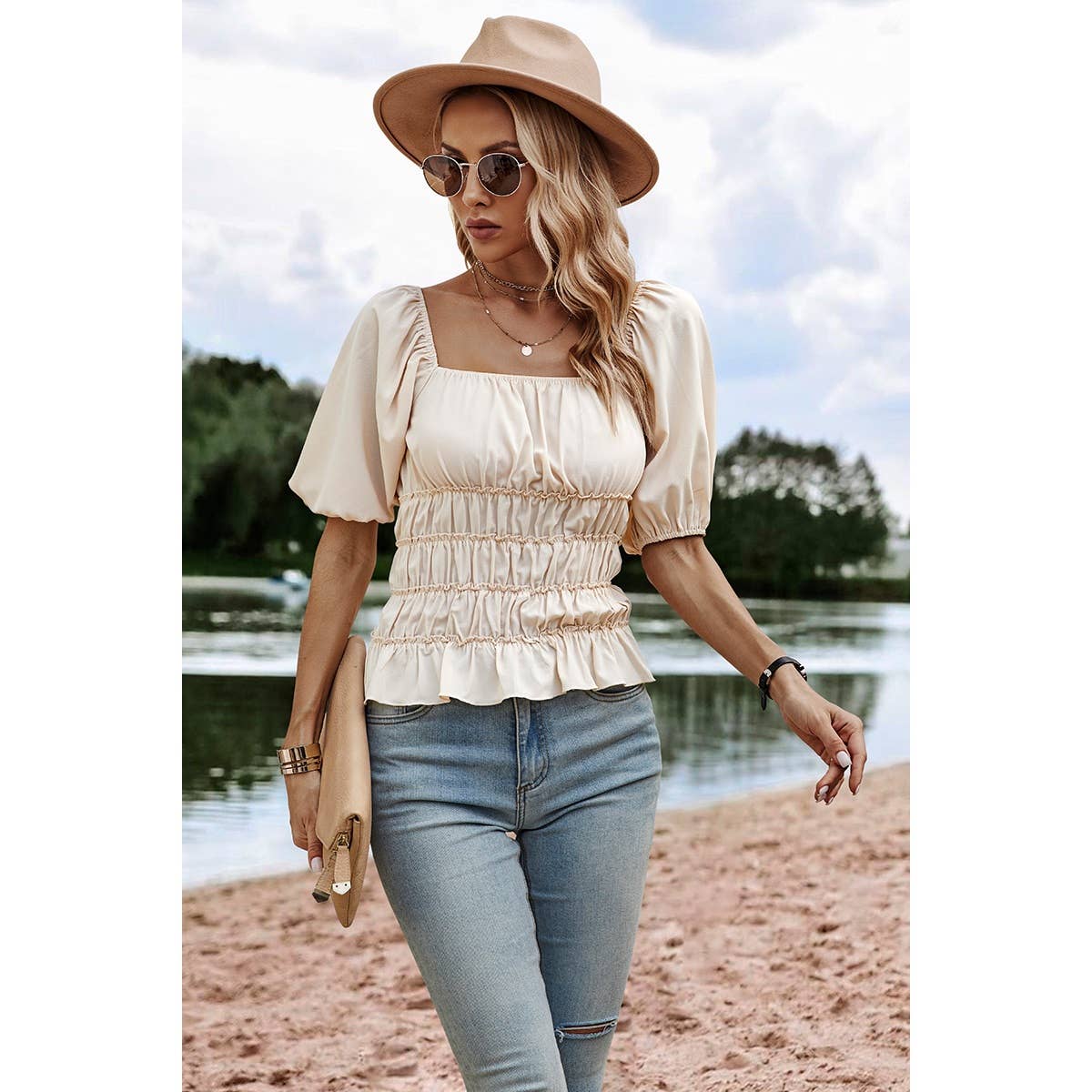 Square Neck Solid Ruffle Puff Sleeve