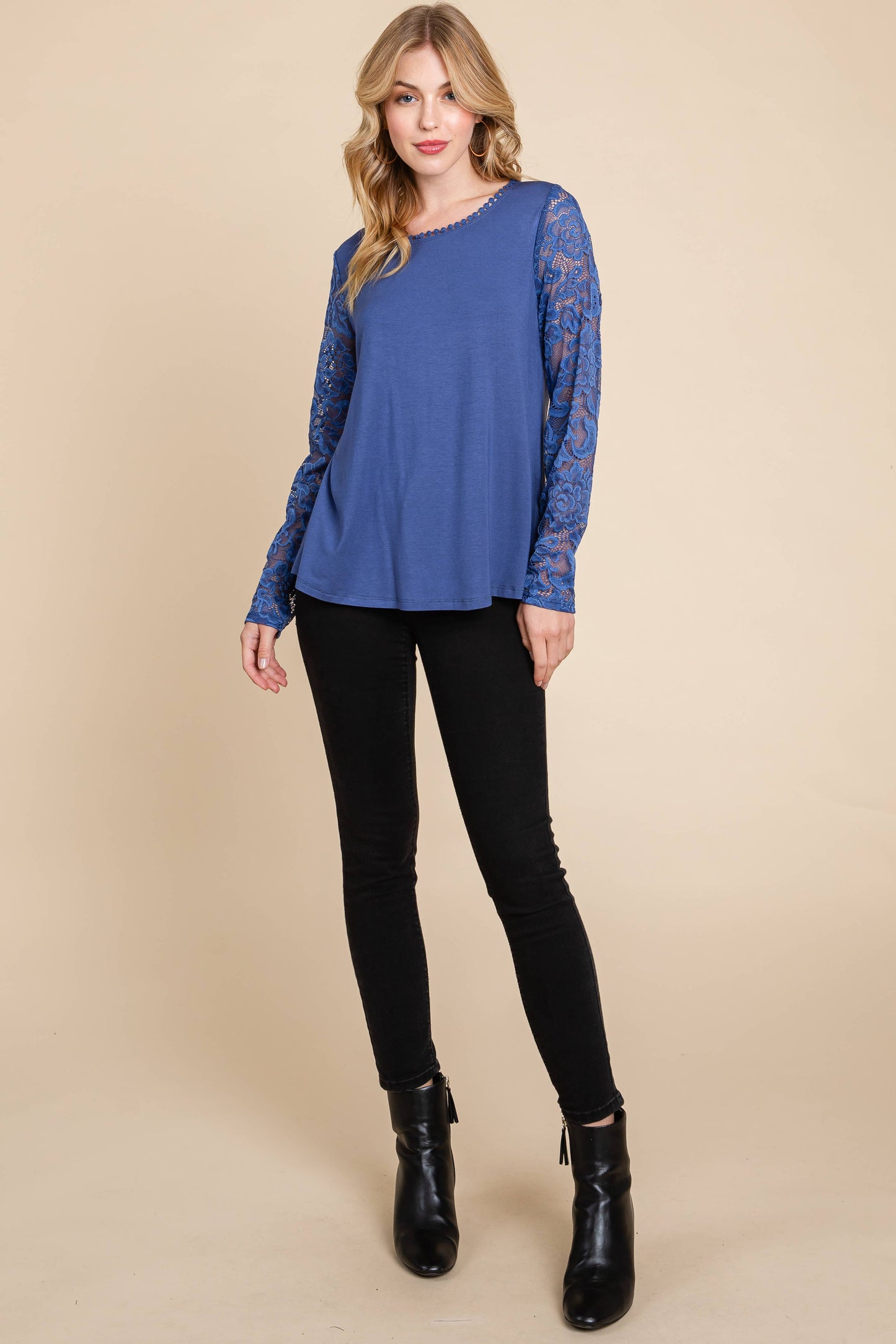 PLUS DENIM BLUE MESH LACE SLEEVE