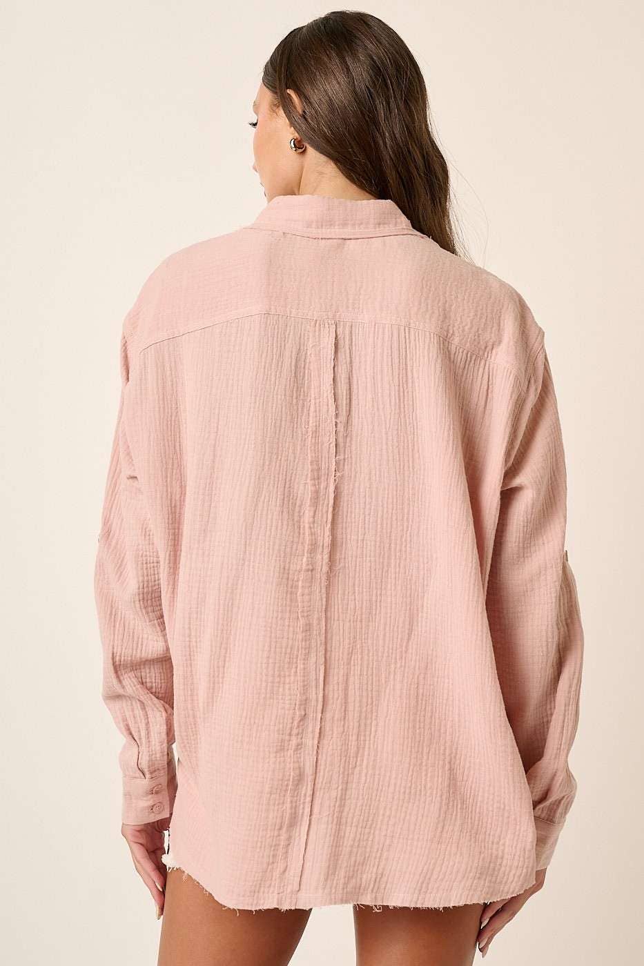 GAUZE COLLARED BUTTON DOWN LONG SLEEVE SHIRT: BLUSH