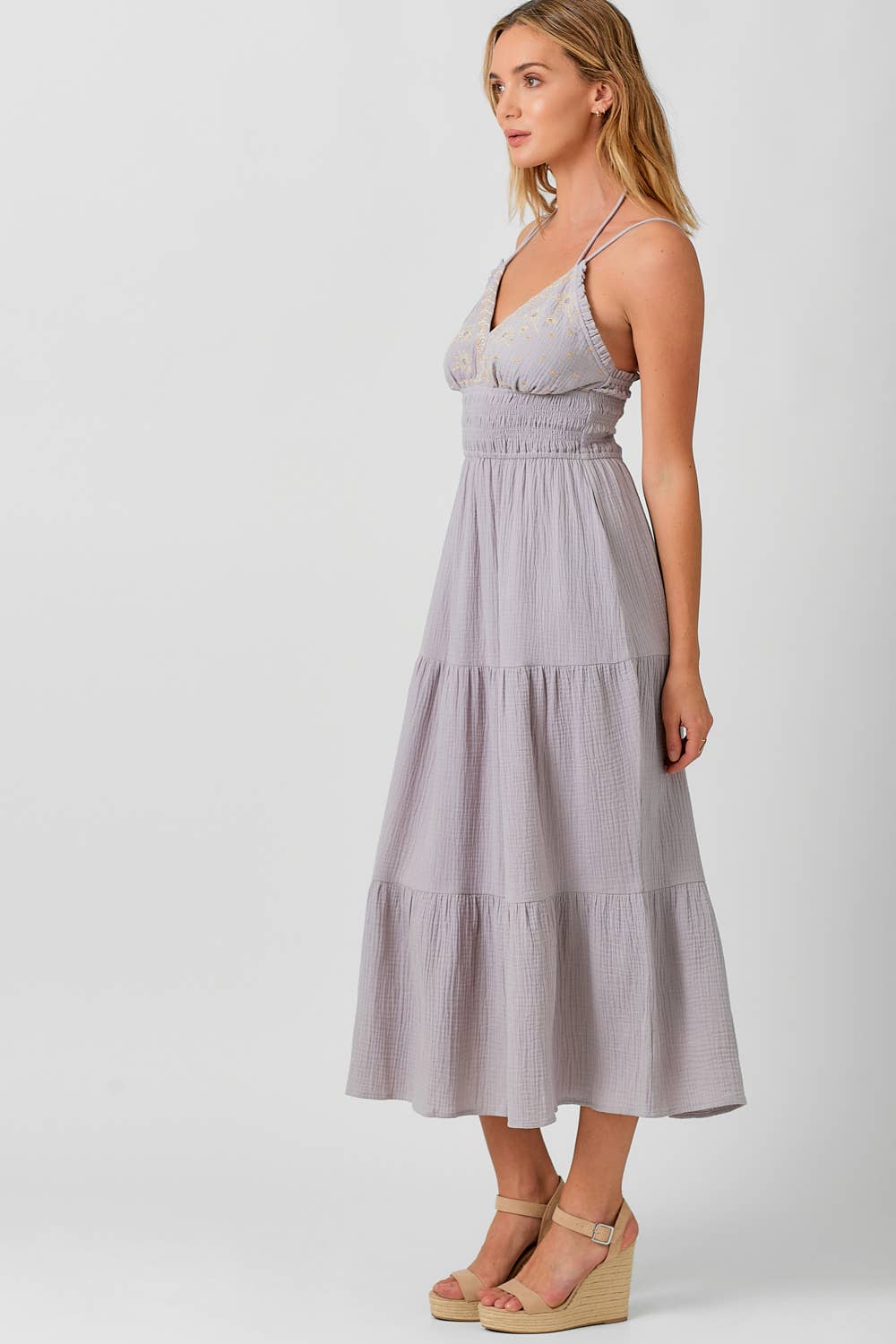 LAVENDER EMBROIDERED BODICE TIERED DRESS