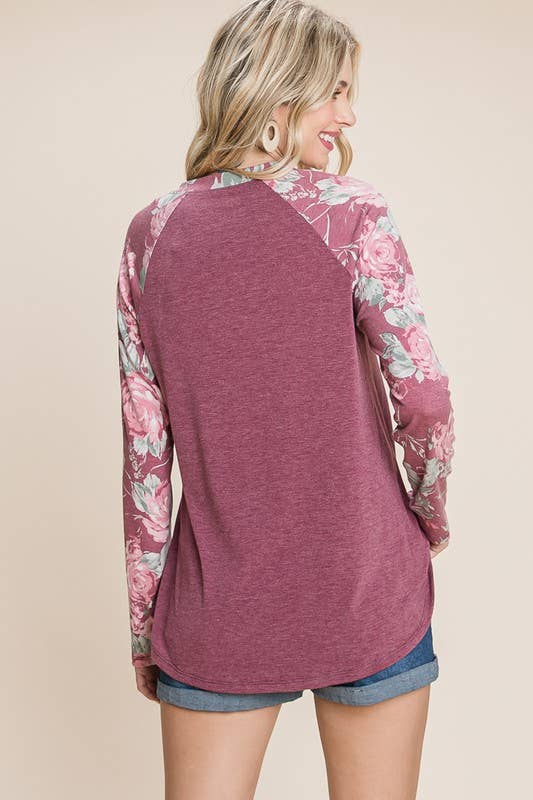 PLUS BURGANDY FLORAL LONG SLEEVE-USA MADE