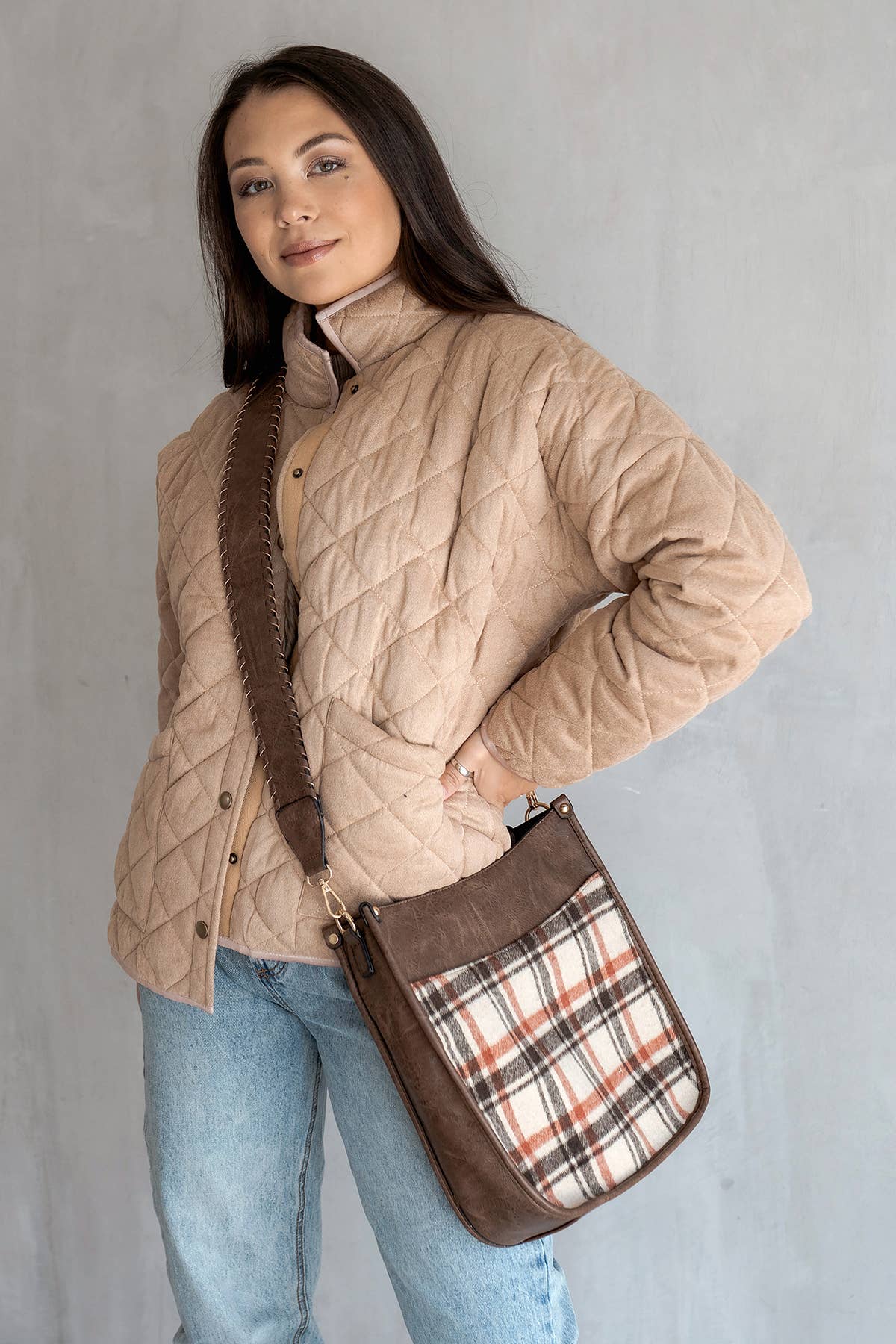 PINK/GREY CHLOE PLAID CROSSBODY WITH GUITAR STRAP
