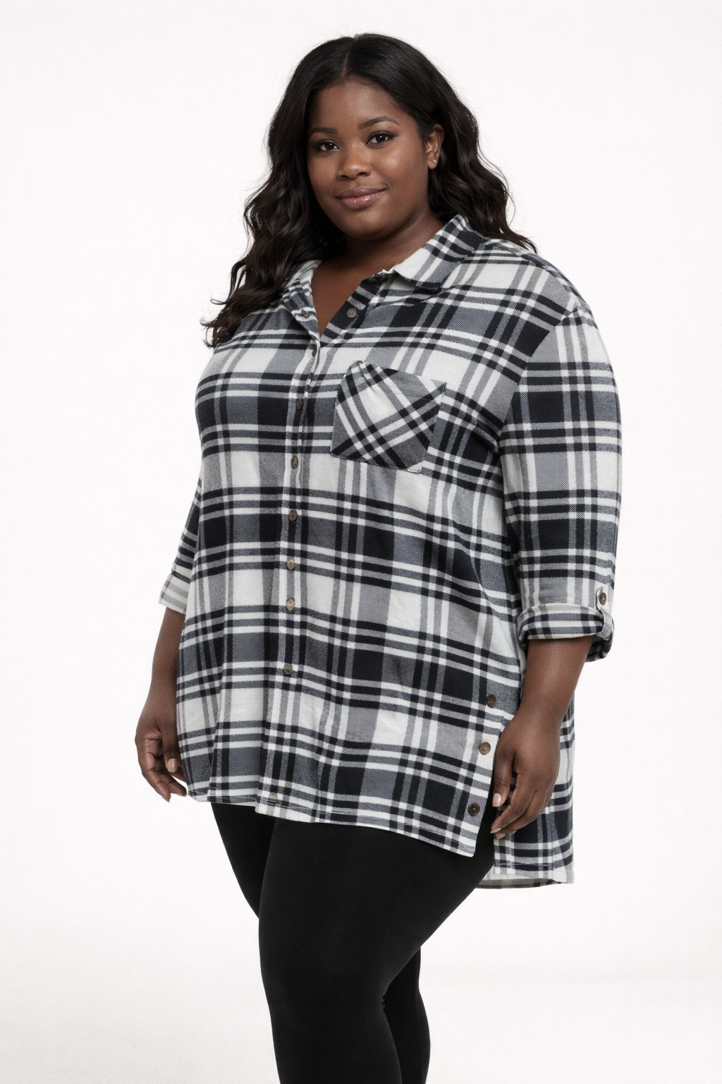 PLUS BUTTERY SOFT BLACK/WHITE PLAID LONG SLEEVE BUTTON UP