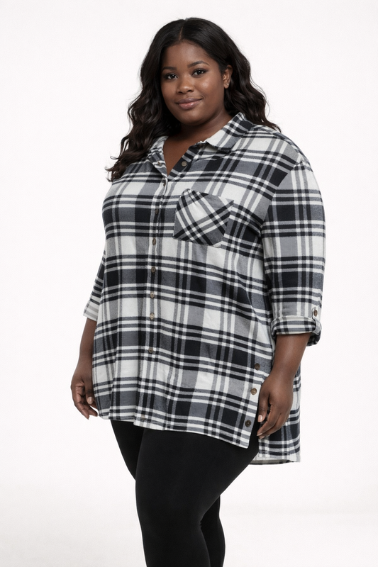 PLUS BUTTERY SOFT BLACK/WHITE PLAID LONG SLEEVE BUTTON UP