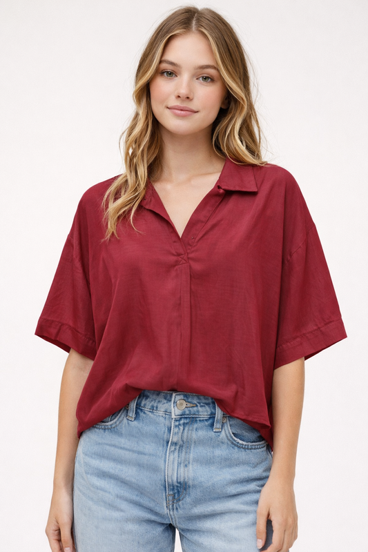WINE SILKY SHORT SLEEVE