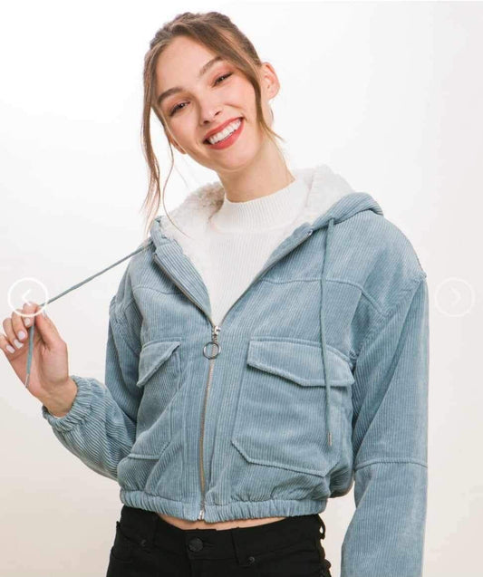 BLUE STONE CORDUROY SHERPA CROP JACKET