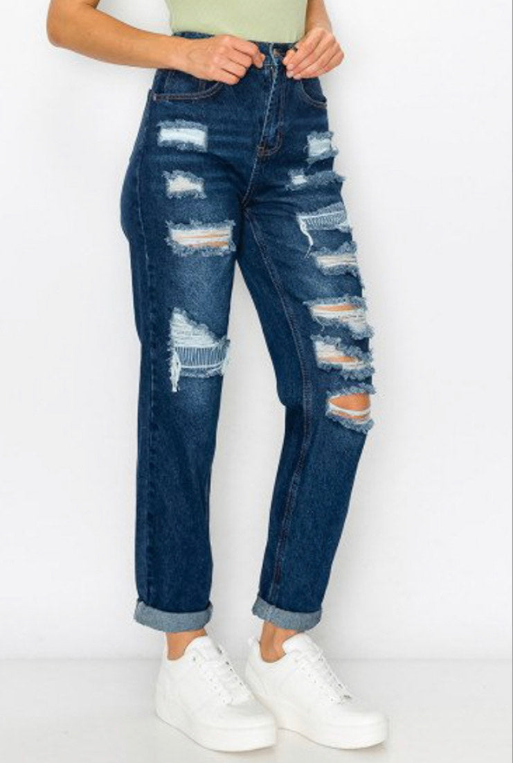 RIP&REPAIR ELASTIC WAIST MOM DARK JEANS