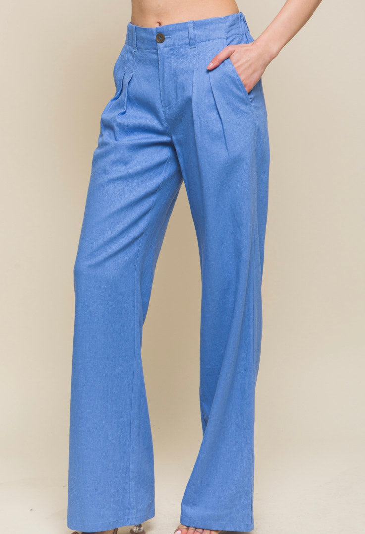 LINEN TAILORED WIDE LEG PANT BLUE