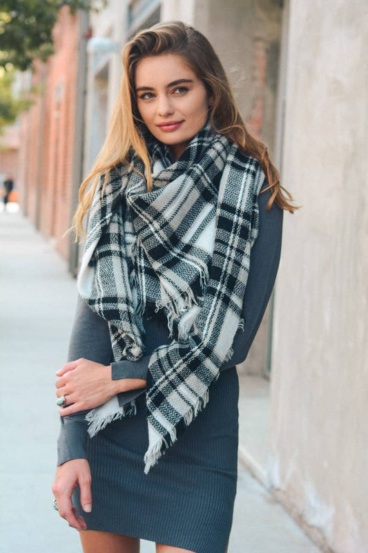 Classic Plaid Blanket Scarf WHITE/BLACK