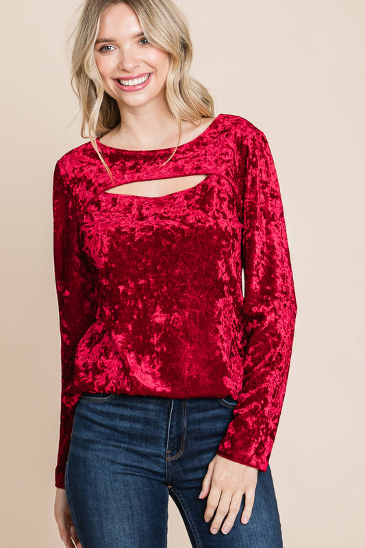 Plus Velvet Cut Out Fashion Top Red