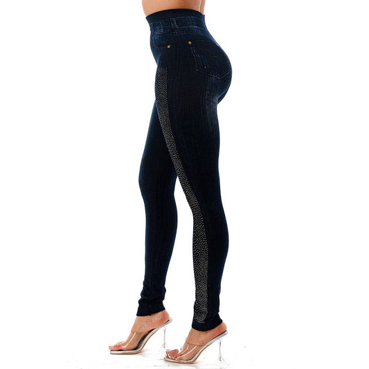 Rhinestone Denim Look High Waist Legging