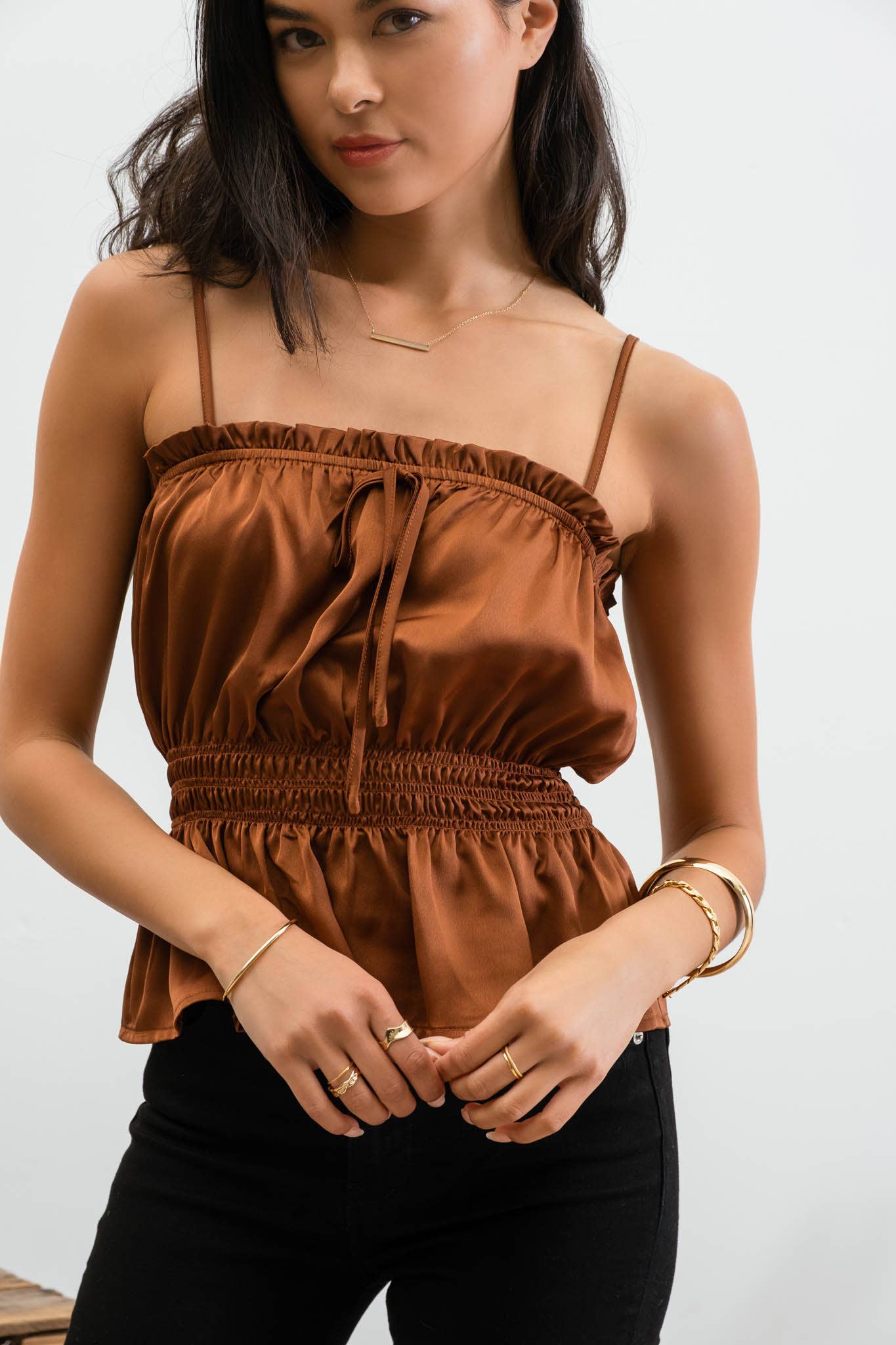 SMOCKED SATIN WAIST PEPLUM TOP BROWN