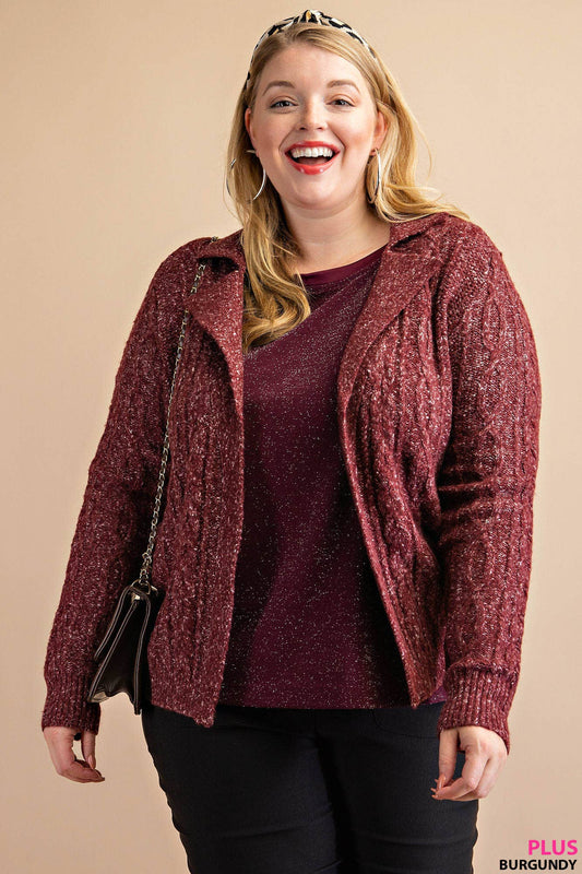 PLUS BURGANDY CABLE-KNIT CARDIGAN