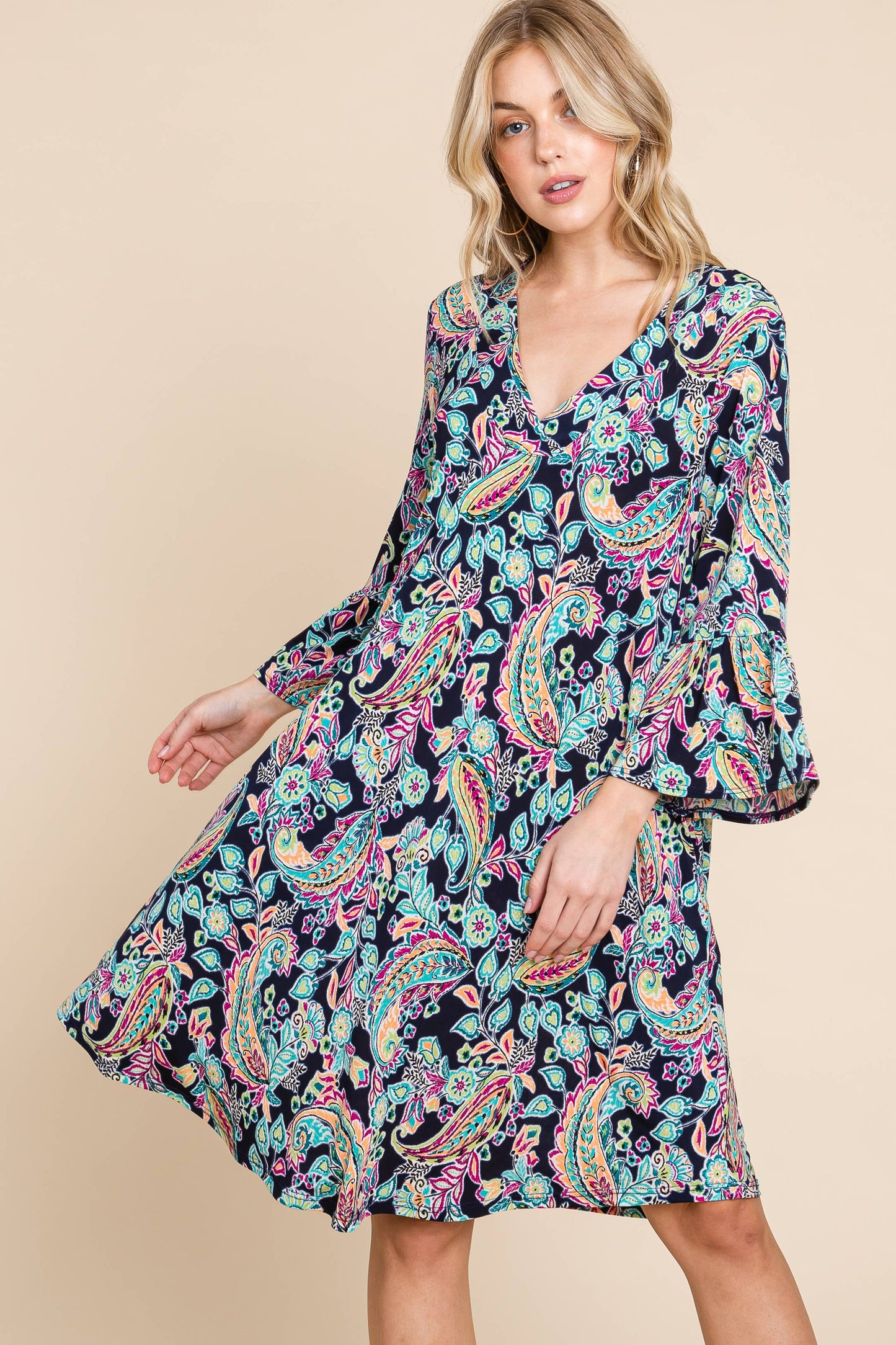 NAVY PAISLEY BELL SLEEVE DRESS