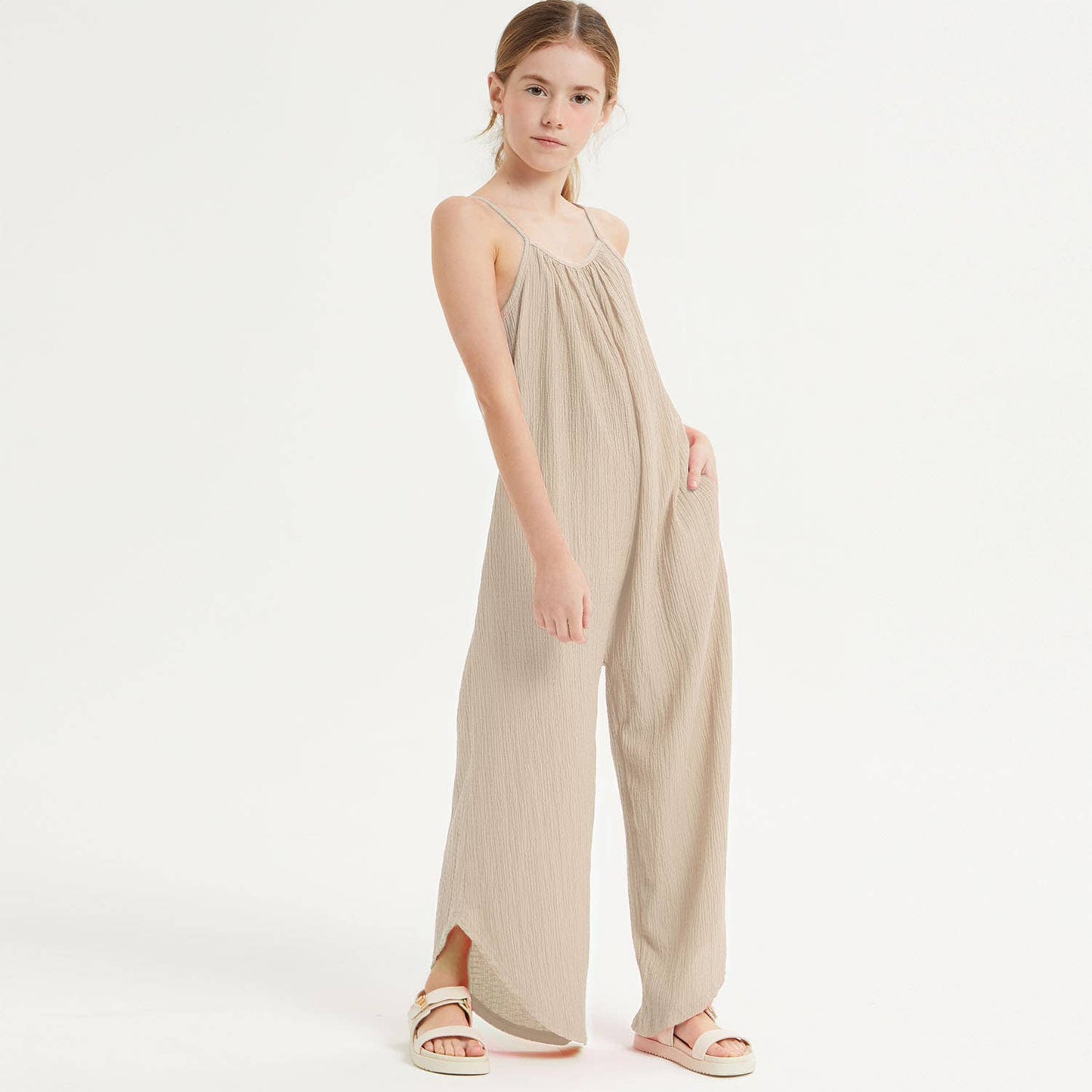 Asymmetrical Hem Crinkle Texture Jumpsuit USA MADE