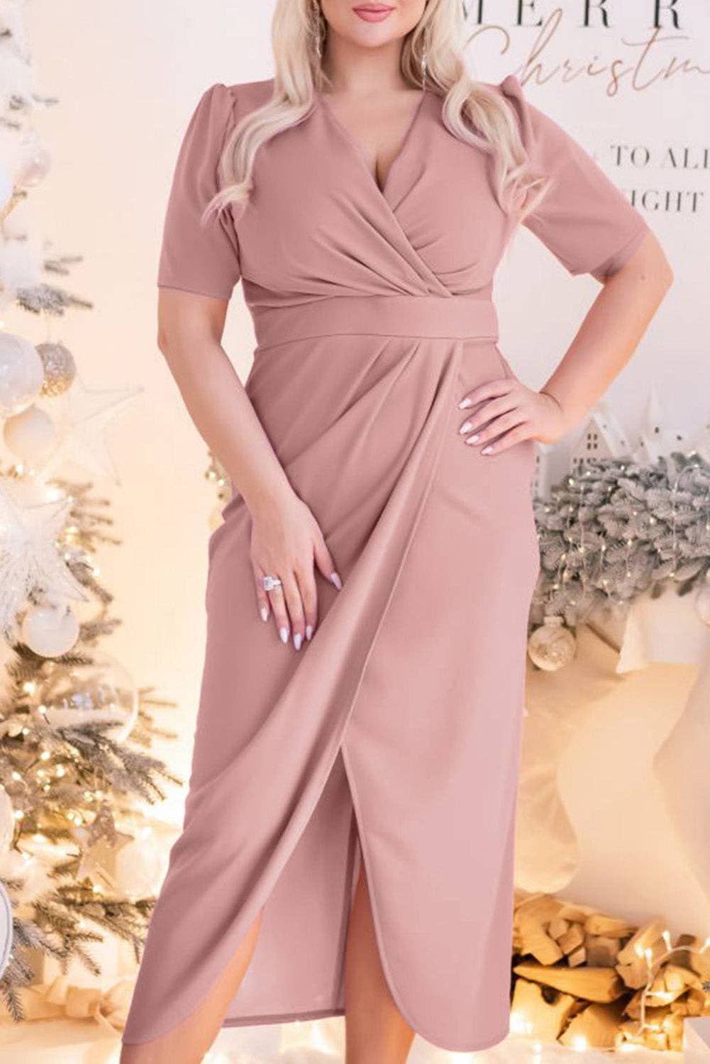 Pink Plus Size Wrap V Neck Slit Hem Midi Dress