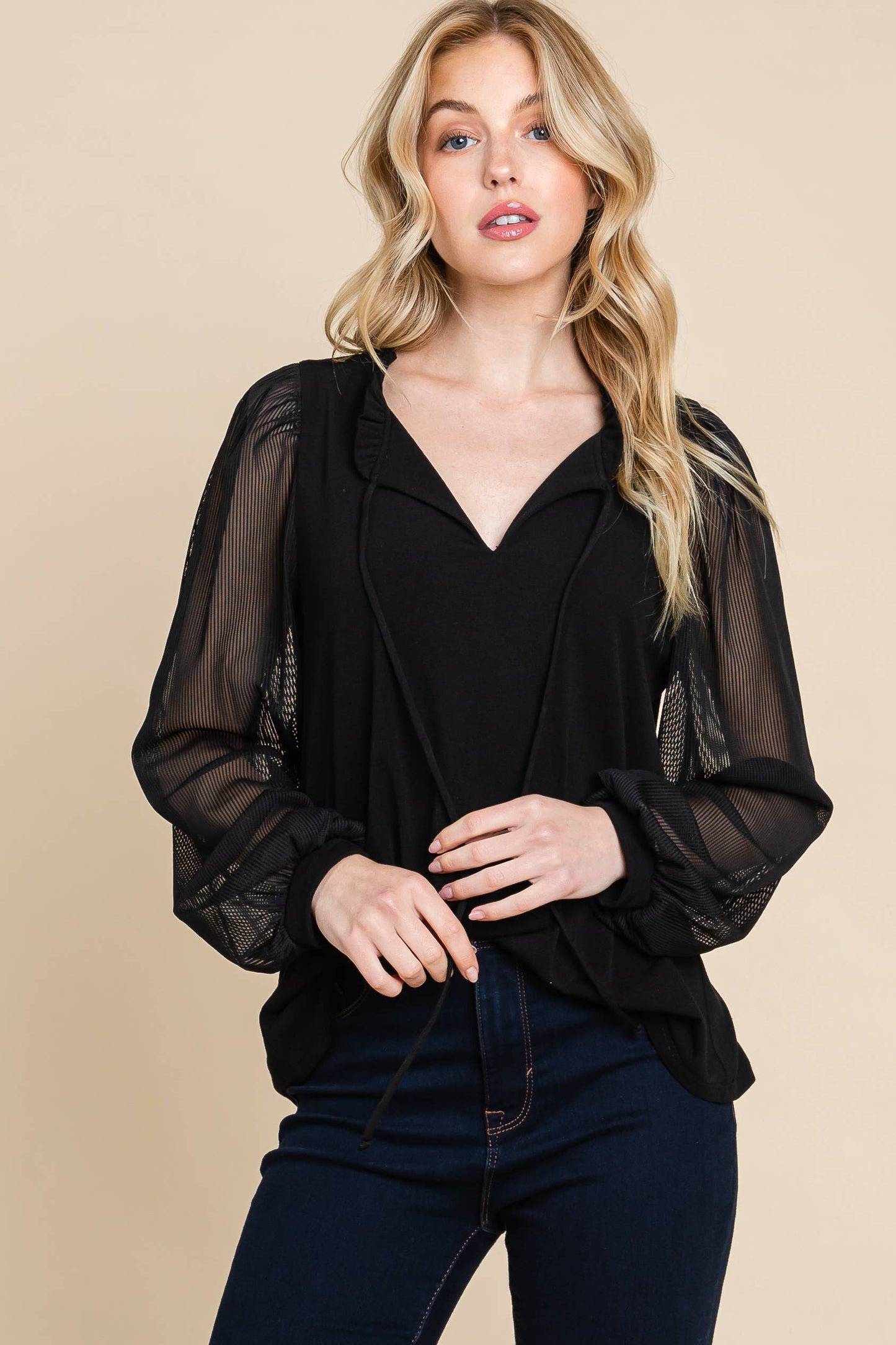 Plus Black Top With Contrast Mesh Sleeves