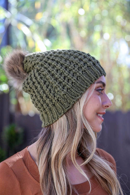 OLIVE Textured Beanie With Pom Pom