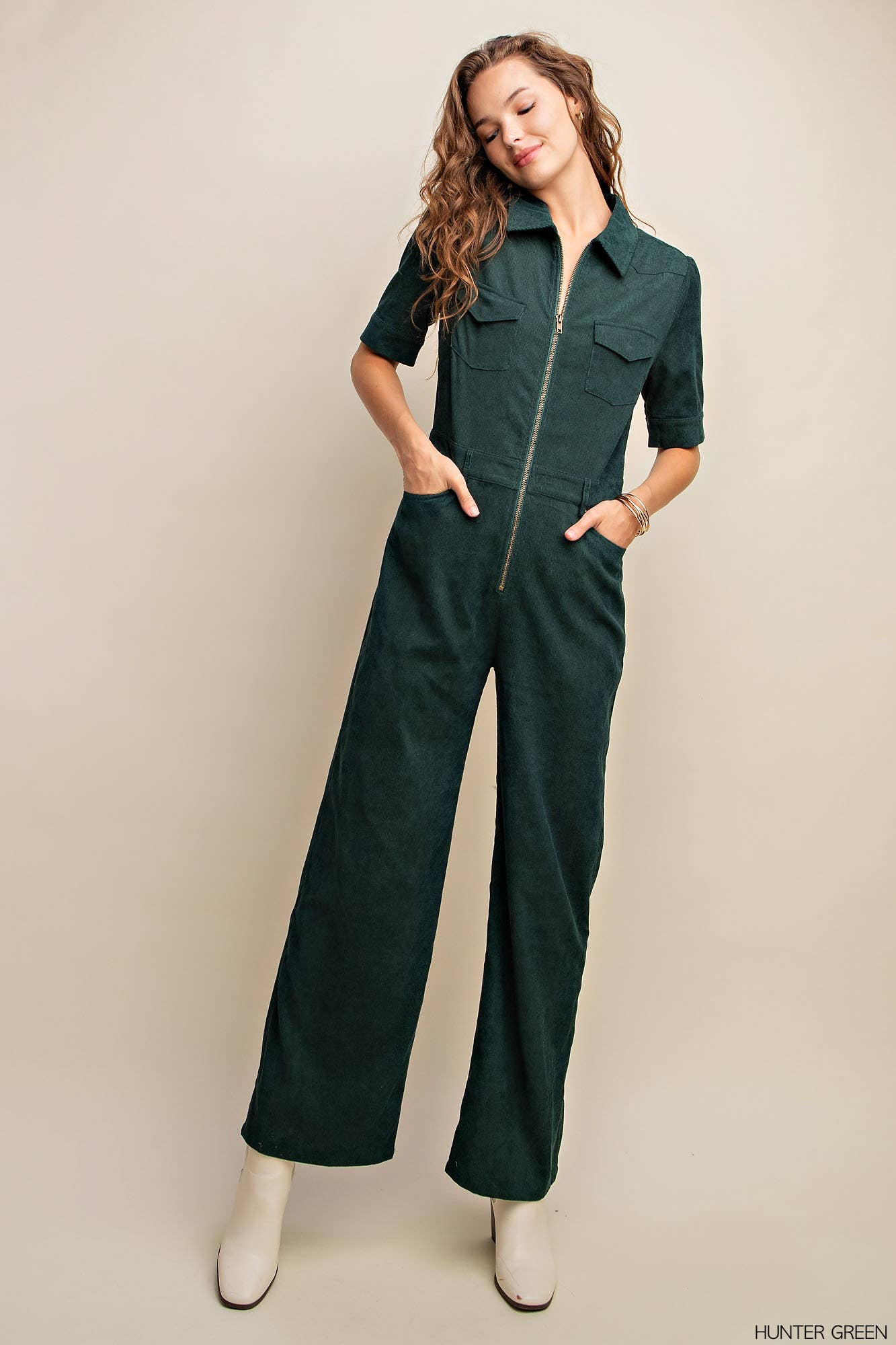 SOFT CORDUORY FRONT ZIPPER FLARE PANTS JUMPSUIT